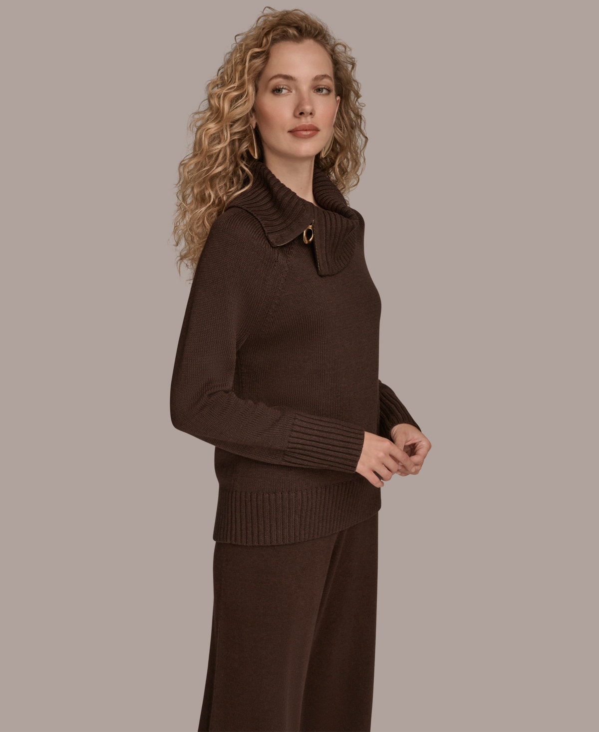 Donna Karan New York Asymmetric Zip Collar Sweater In Brown