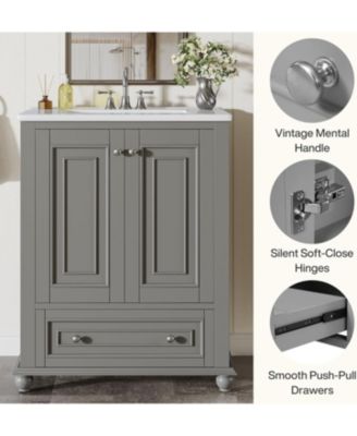24" Bathroom Vanity with Ceramic Sink Combo, Freestanding Storage Cabinet with 2 Doors & 1 Drawer, Solid Wood Frame, Grey