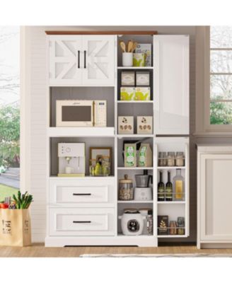 Farmhouse Kitchen Pantry Cabinet with Microwave Stand, Drawers, White