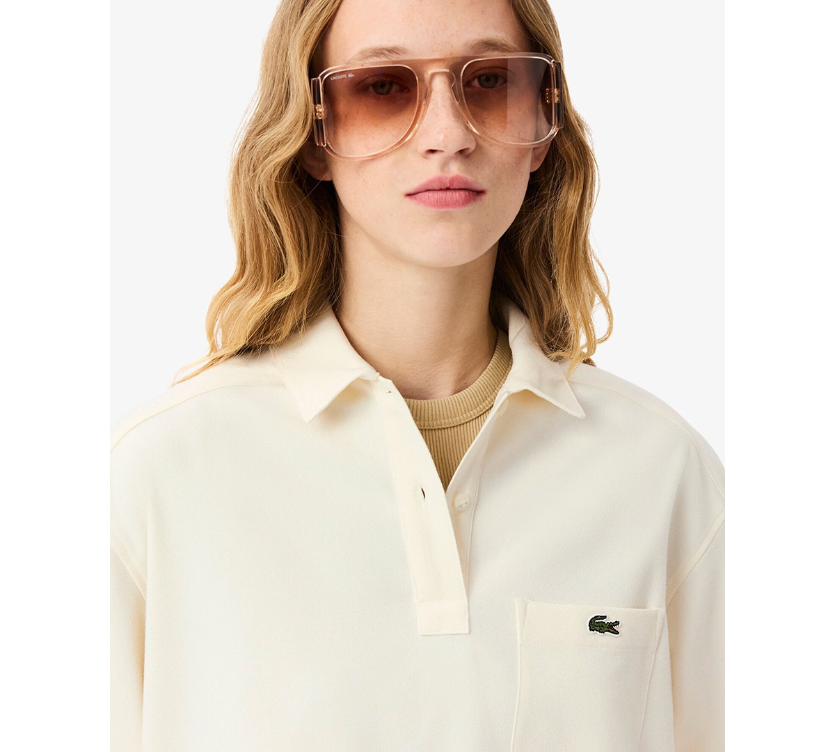 Lacoste Usa Women's Oversized Button Up Top In Brown