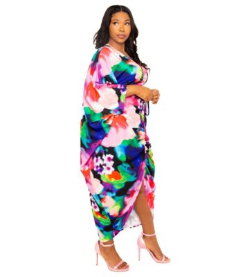 Women's Plus Size Printed Cinch Waist Kaftan Dress