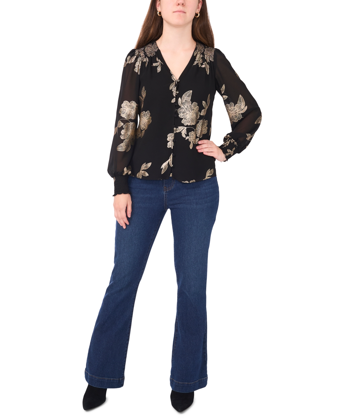Sam & Jess Petite V-neck Smocked-shoulder Blouse In Black