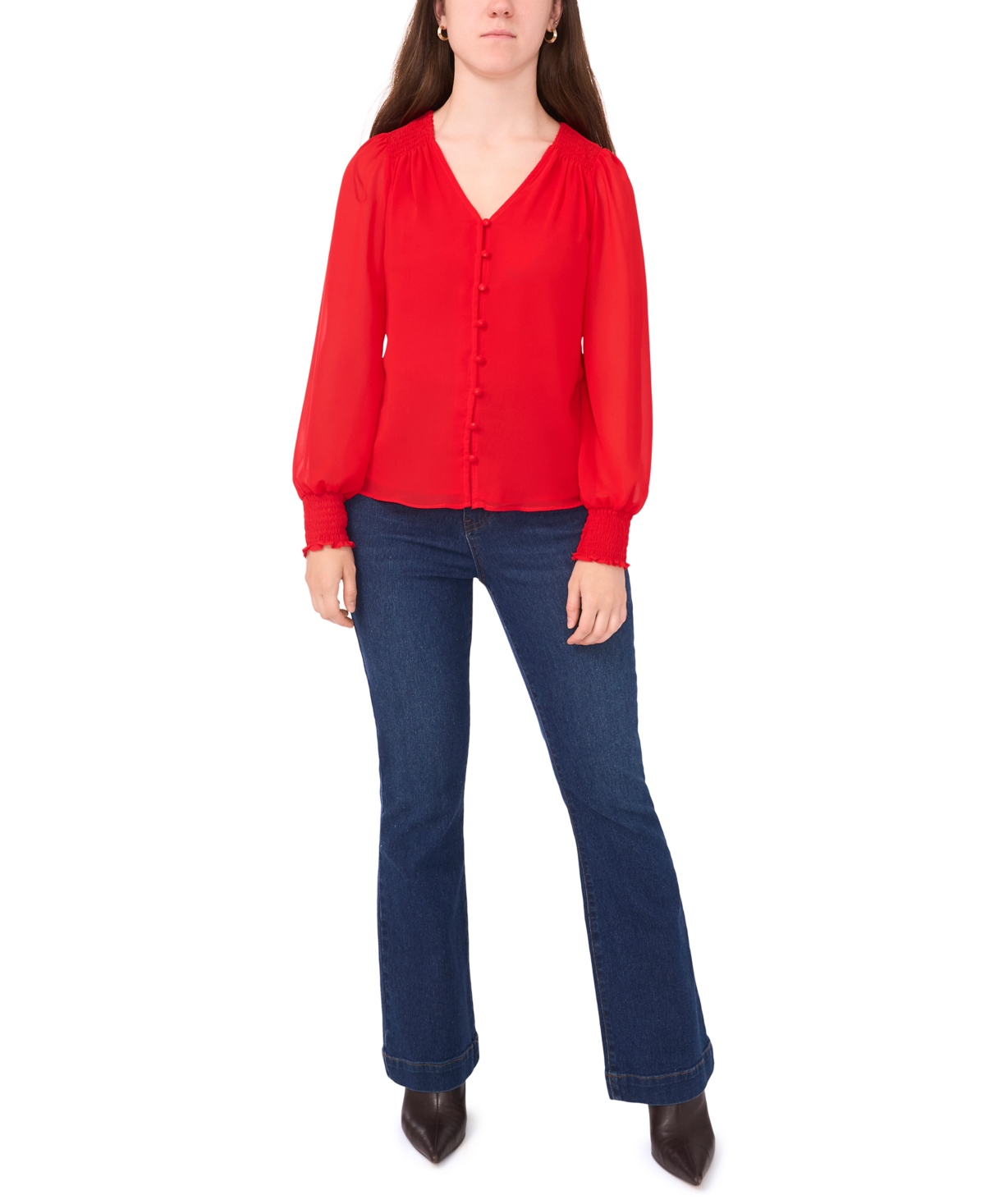 Sam & Jess Petite V-neck Smocked-shoulder Blouse In Red