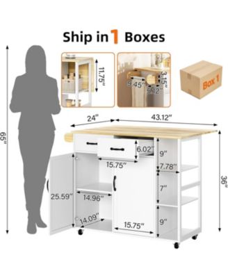 43.12" Rubberwood, Engineered Wood Drop Leaf, Drawers, Adjustable Shelves, Lockable Wheels Kitchen Island Island & Cart