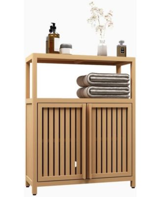 Bamboo Storage Cabinet with Shelves - White Large Capacity Furniture for Bathroom & Living Room