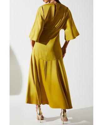 Women's Satin Crepe Ruffle Wrap Midi Dress