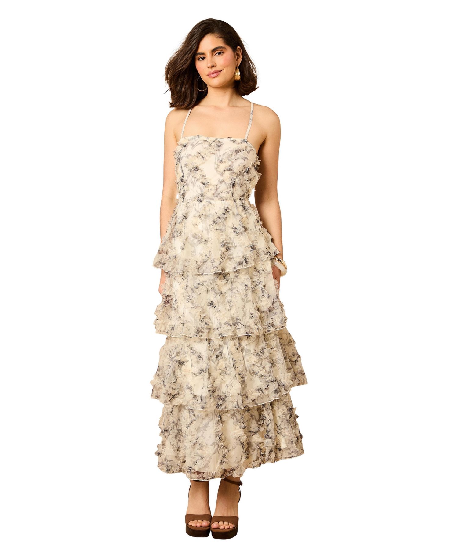 Women's Floral Textured Strappy Midaxi Dress
