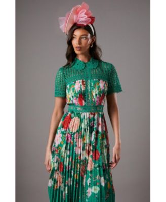 Women's Lisa Tan Lace Pleated Printed Midi Dress