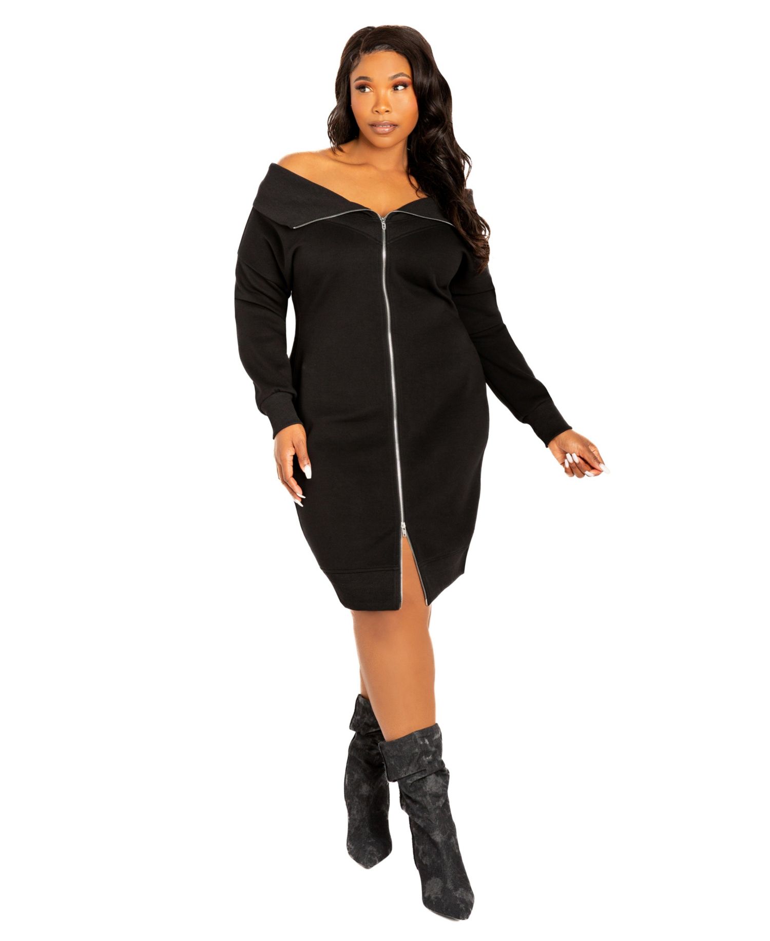 Women's Plus Size Off Shoulder Zip-up Sweater Dress