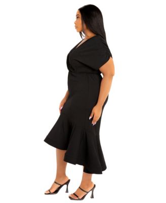 Plus Size V-Neck Flounce Hem Midi Dress