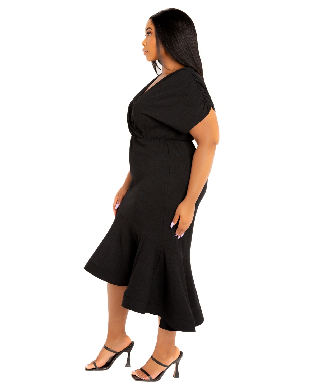 Buxom Couture Wrap Front Flounce Hem High-low Mermaid Midi Dress In Black