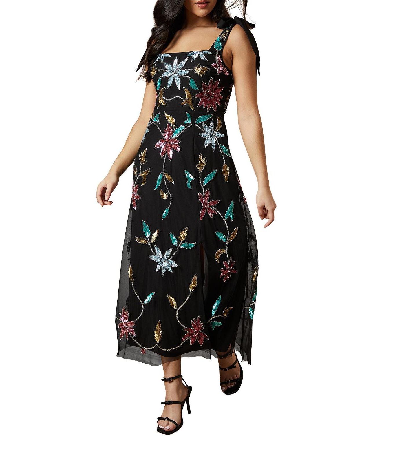 Женское платье Oasis Floral Embellished Split Midi, цвет: Чёрный — фото 5