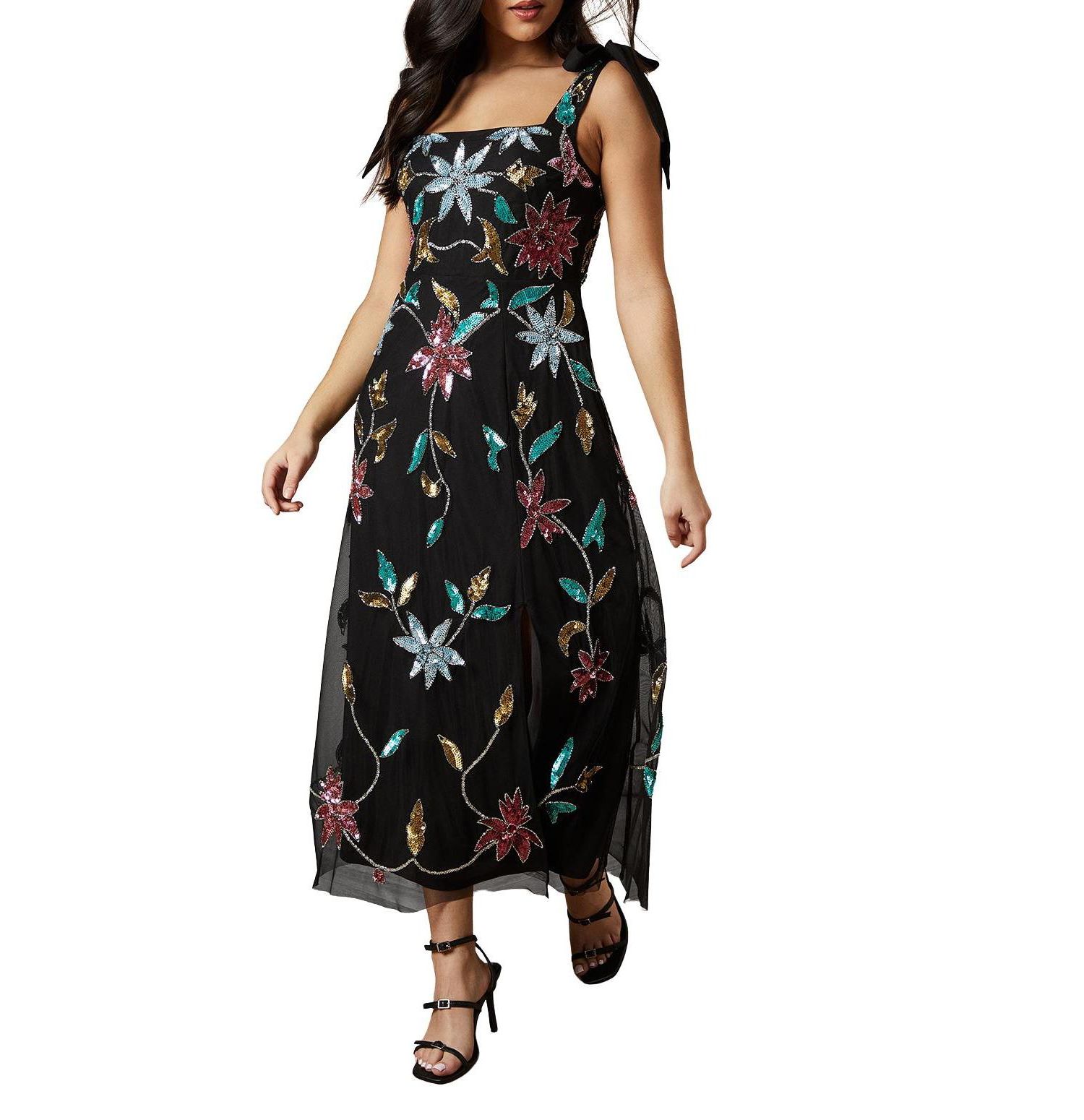 Women's Floral Embellished Split Midi Dress