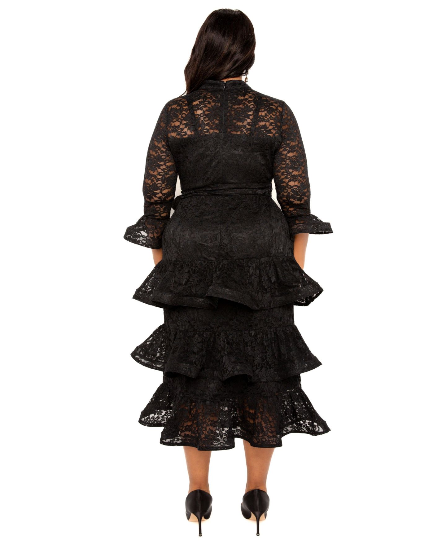 Женское платье Buxom Couture Plus Size Lace Bell Sleeve Tiered, цвет: Чёрный — фото 3