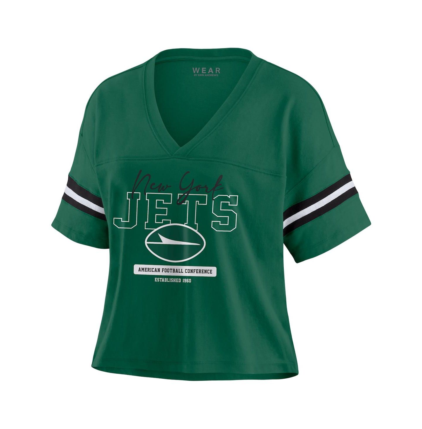 Женская футболка WEAR by Erin Andrews Green New York Jets Color Block Boxy Modest Crop V-Neck — фото 2