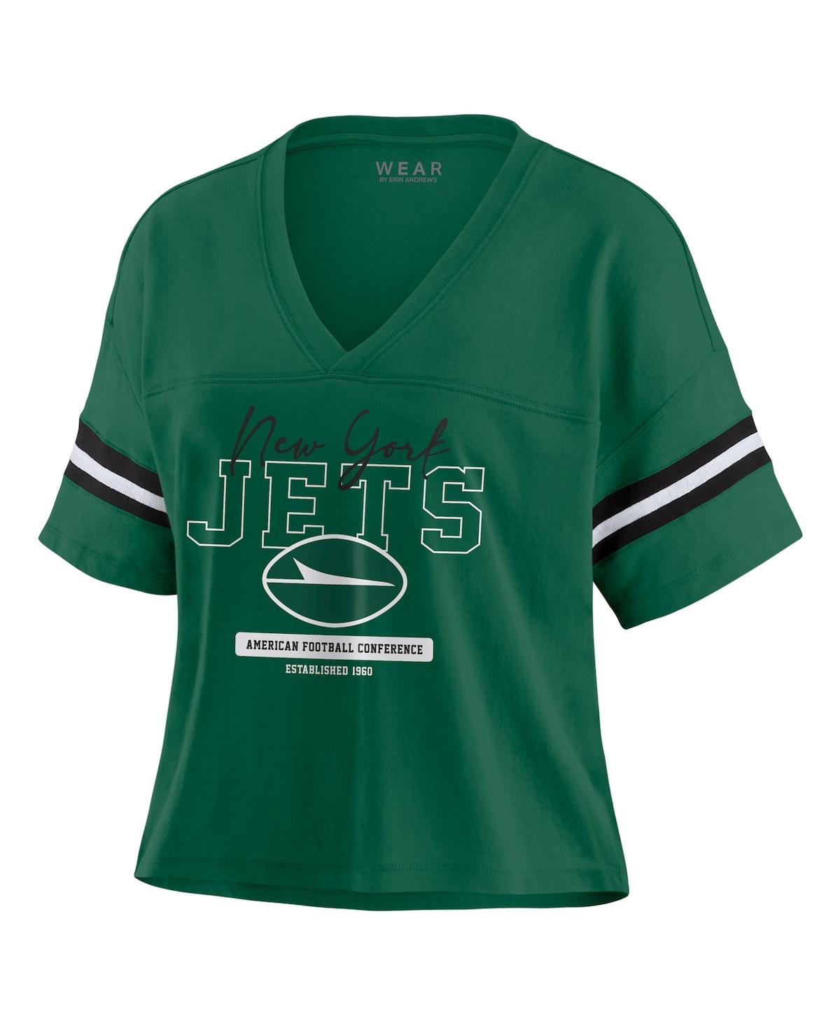 Wear By Erin Andrews Women's Green New York Jets Color Block Boxy Modest Crop V-neck T-shirt In Green