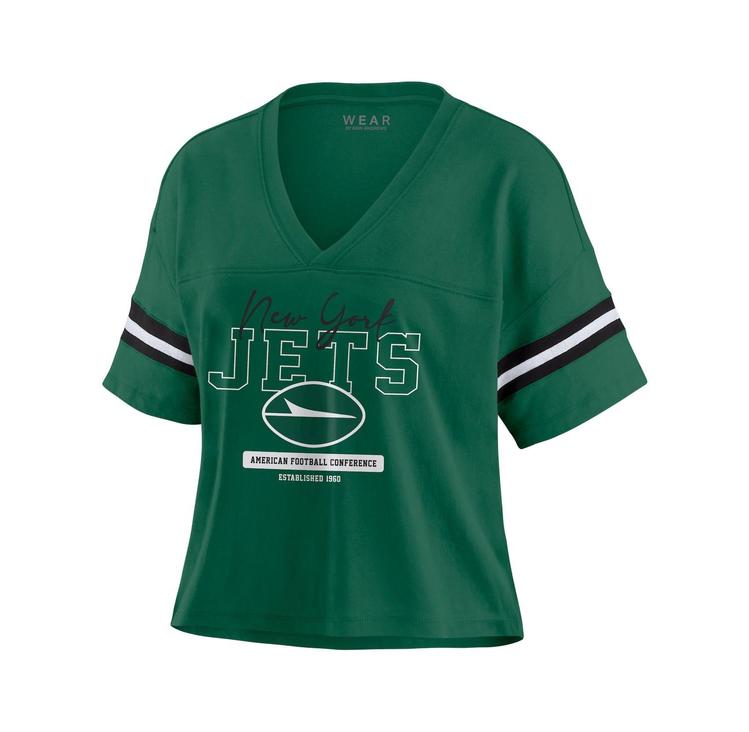 Women's Green New York Jets Color Block Boxy Modest Crop V-Neck T-Shirt
