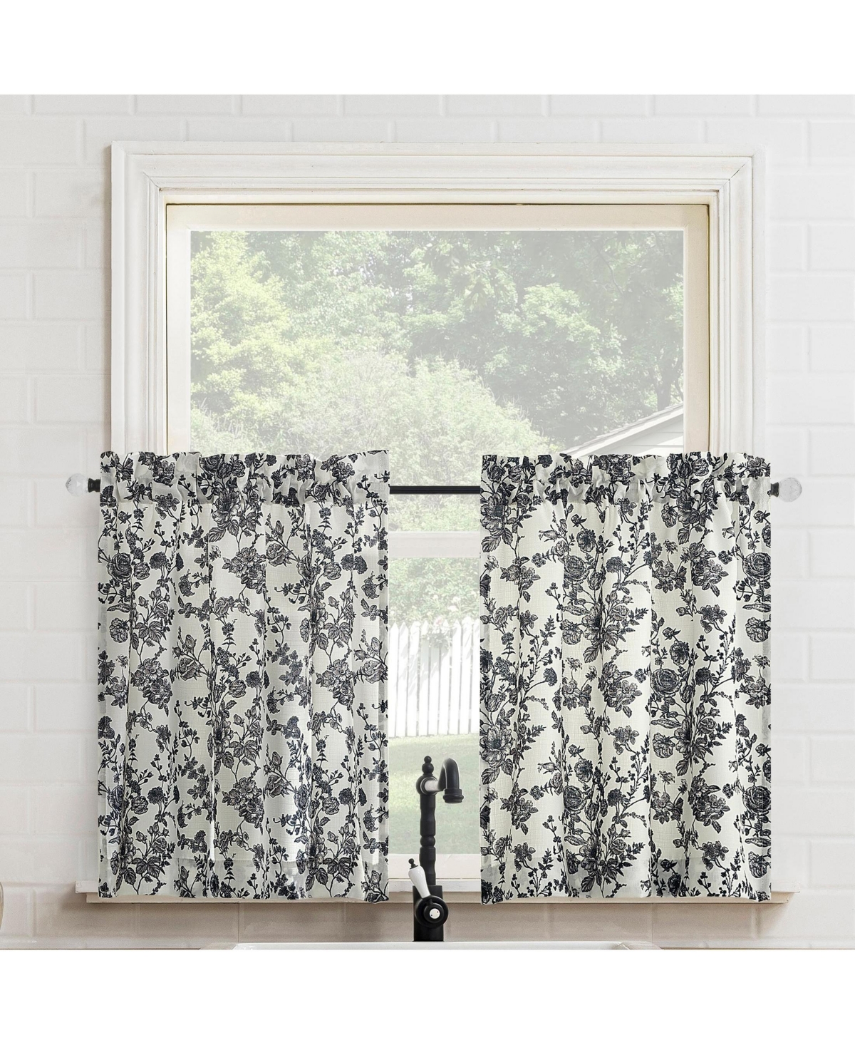 No. 918 Elodie Tonal Botanical Semi-Sheer Rod Pocket Kitchen Curtain Tier Pair