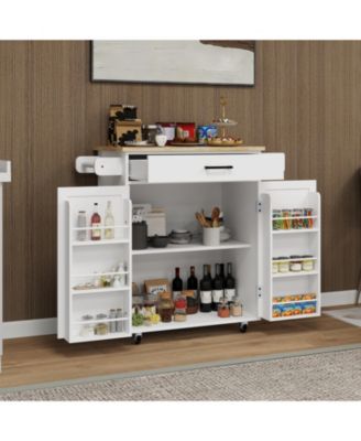 CASAINC Rubber Wood Top Rolling Cart with Drawer, Cabinet & Rack Kitchen Island