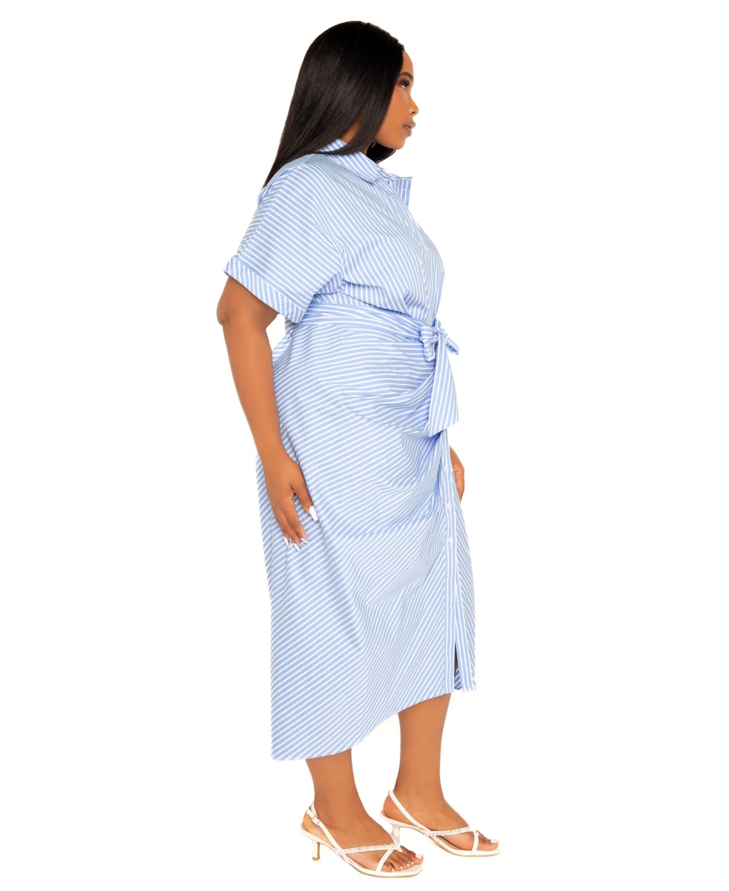 Women's Plus Size Tie Waist Stripe Shirt Dress