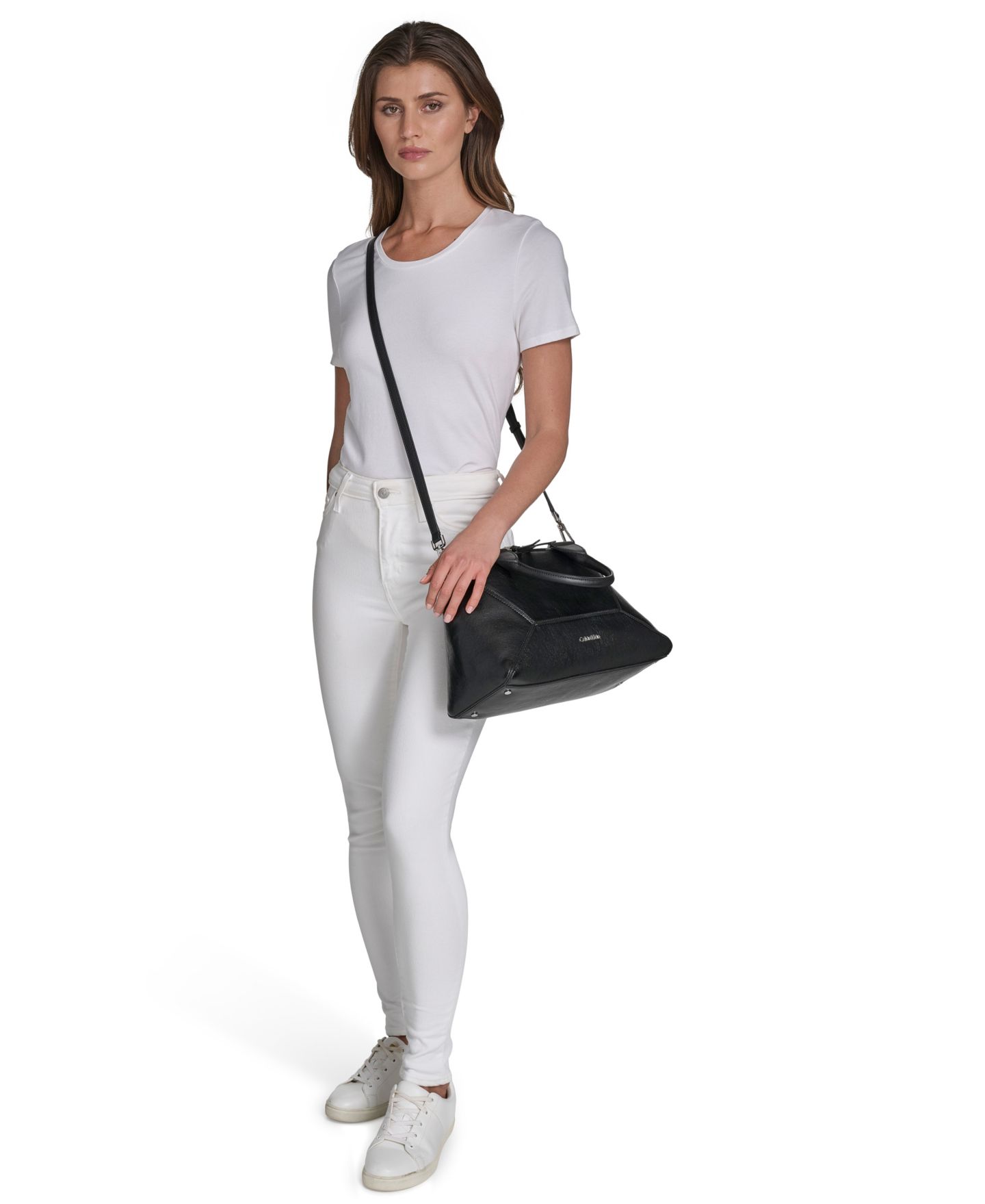 Женская сумка Calvin Klein Heidi Top Zipper Convertible Satchel, цвет: Чёрный / Серебряный — фото 6