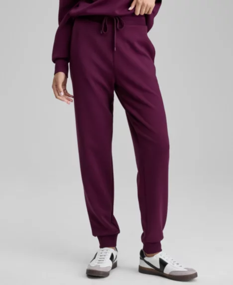 Petite Cozy Ribbed Relaxed Fit Drawstring Joggers - Burgundy Plum