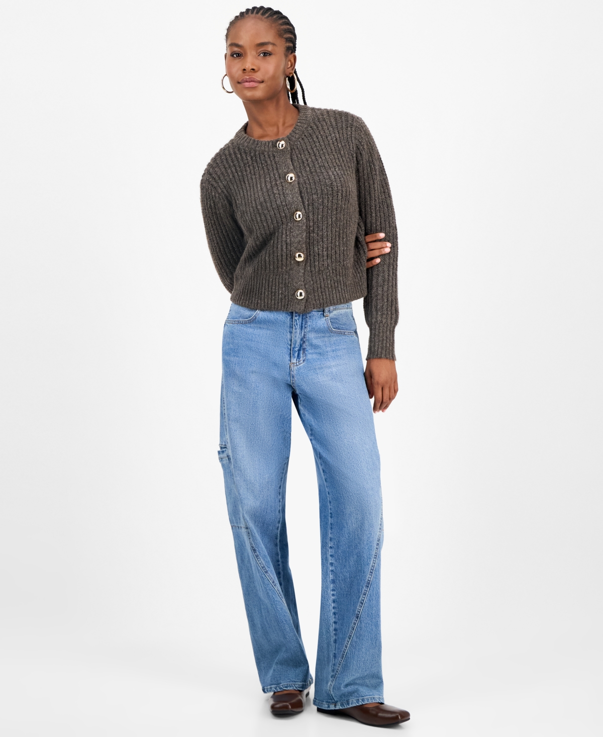 And Now This Petite Front-button Long Sleeve Cardigan, Macy's Exclusive In Gray