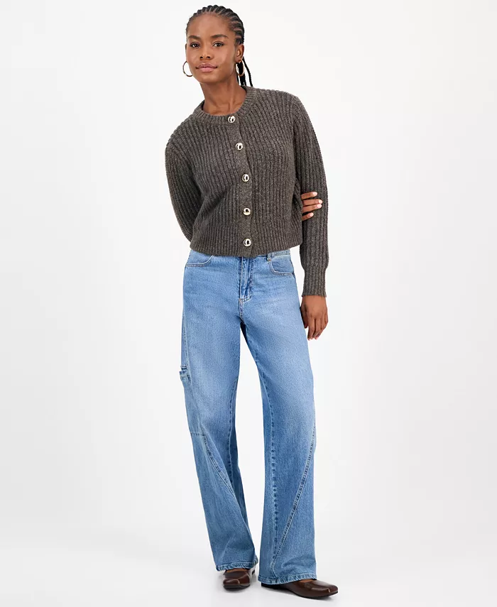 Women's Dome-Button Cropped Cardigan - thumbnail 4