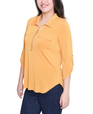 Petite 3/4 Sleeve Zip Front Top