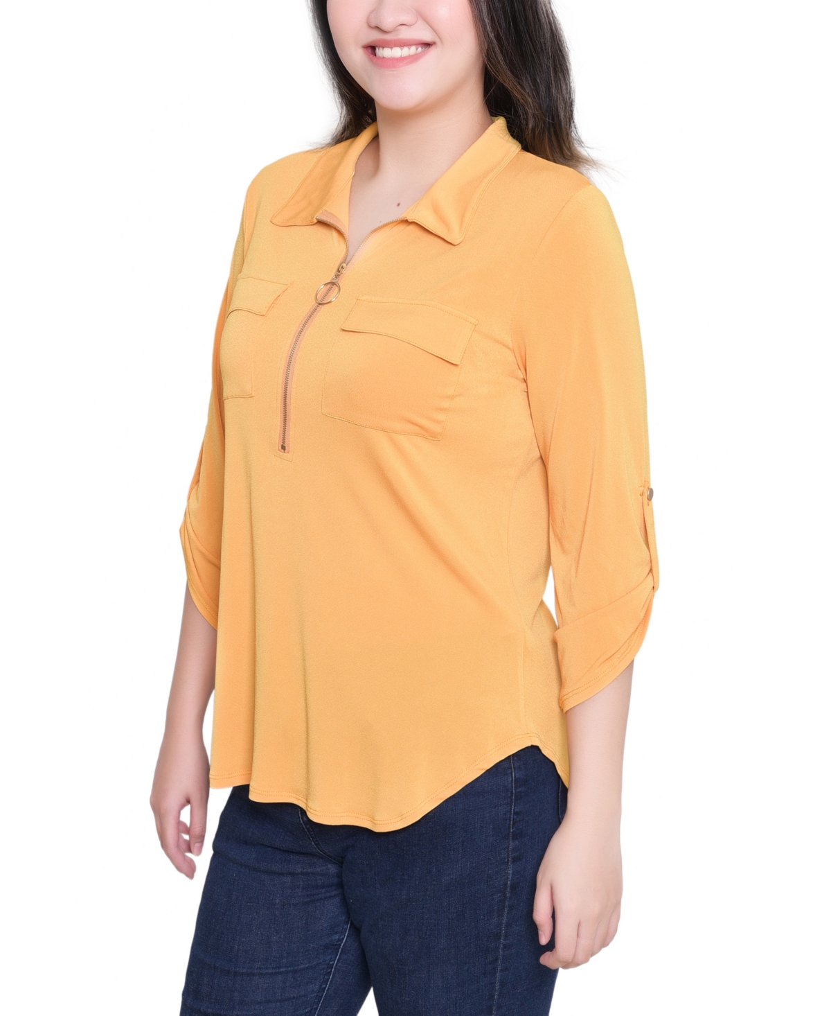 Ny Collection Petite 3/4 Roll Tab Zip Front Top In Orange