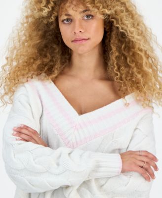 Juniors' V-Neck Cable-Knit Oversized Sweater