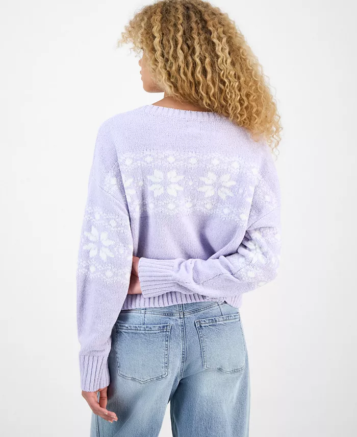 Juniors' Patterned Knit Chenille Crewneck Sweater - thumbnail 6