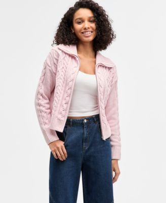 Hippie Rose - Juniors' Cable-Knit Collared Zip Cardigan