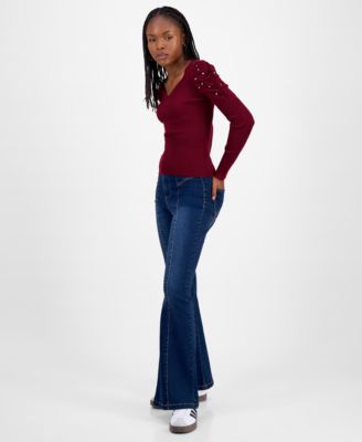 Juniors' Puff-Shoulder Rhinestone Sweater
