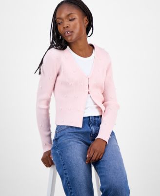 Juniors' Faux-Pearl Ribbed Cardigan
