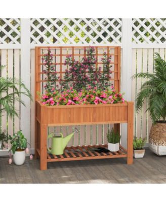 Raised Garden Bed w/ Trellis Wooden Elevated Planter Box w/ Legs & Liner