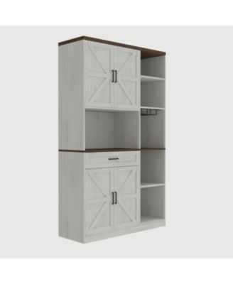 Antique White 71" Farmhouse Pantry Hutch Cabinet, Barn Door Kitchen Storage with LED Lights & Adjustable Shelves, Freestanding Sideboard with Glass Holder