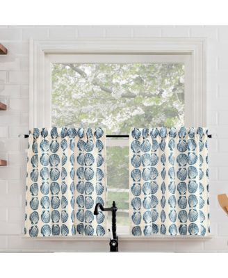 Seaside Tonal Seashell Print Semi-Sheer Rod Pocket Kitchen Curtain Tier Pair