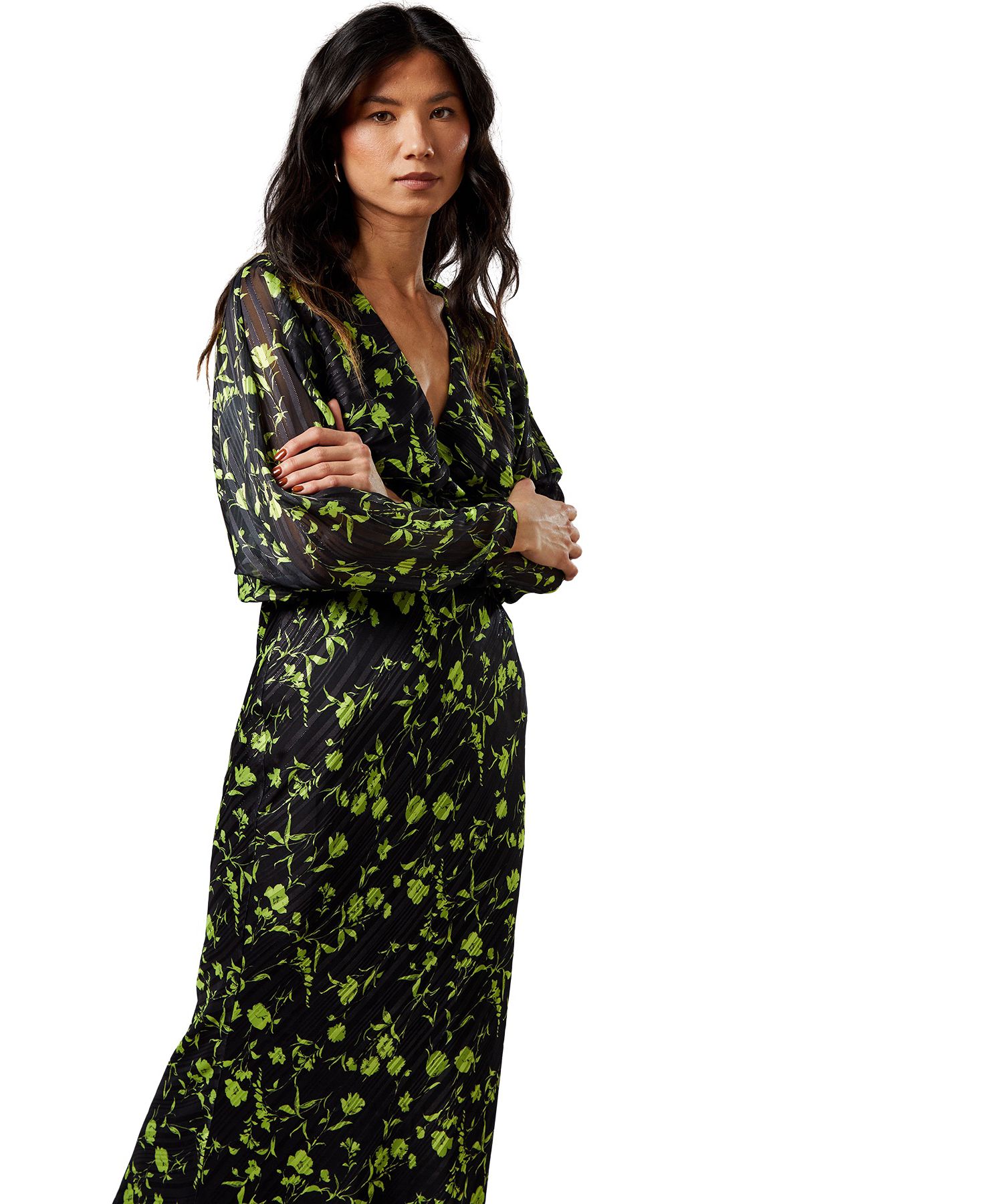 Women's Shadow Stripe Floral Batwing Midi Dress