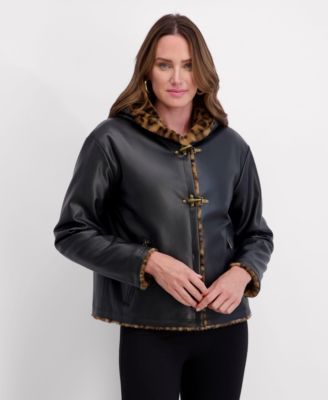 Women's Faux Fur Lined, Fireman Toggled PU Jacket