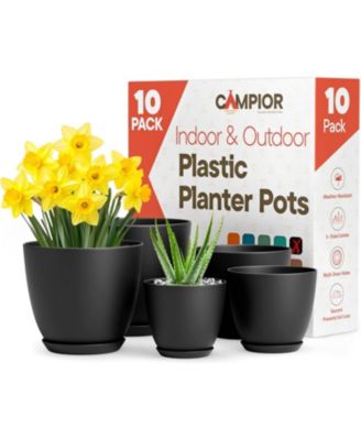 Campior Plastic Plant Pots with Drainage - Home Decor Flower Pot, Stackable Design for Indoor & Outdoor Use, Lightweight and Sturdy, Space-Saving, (7”, 6.6”, 6”, 5.3”, 4.8” Inches), Pack of 10, Black
