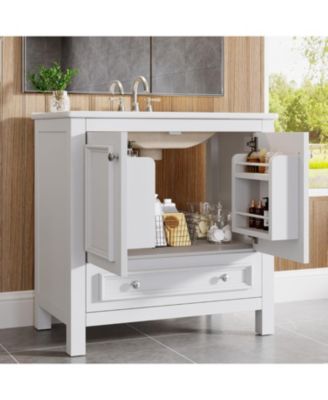 30" Modern Bathroom Vanity with Sink, Bathroom Sink Cabinet with 2 Doors and 1 Drawer, Solid Wooden Frame, White