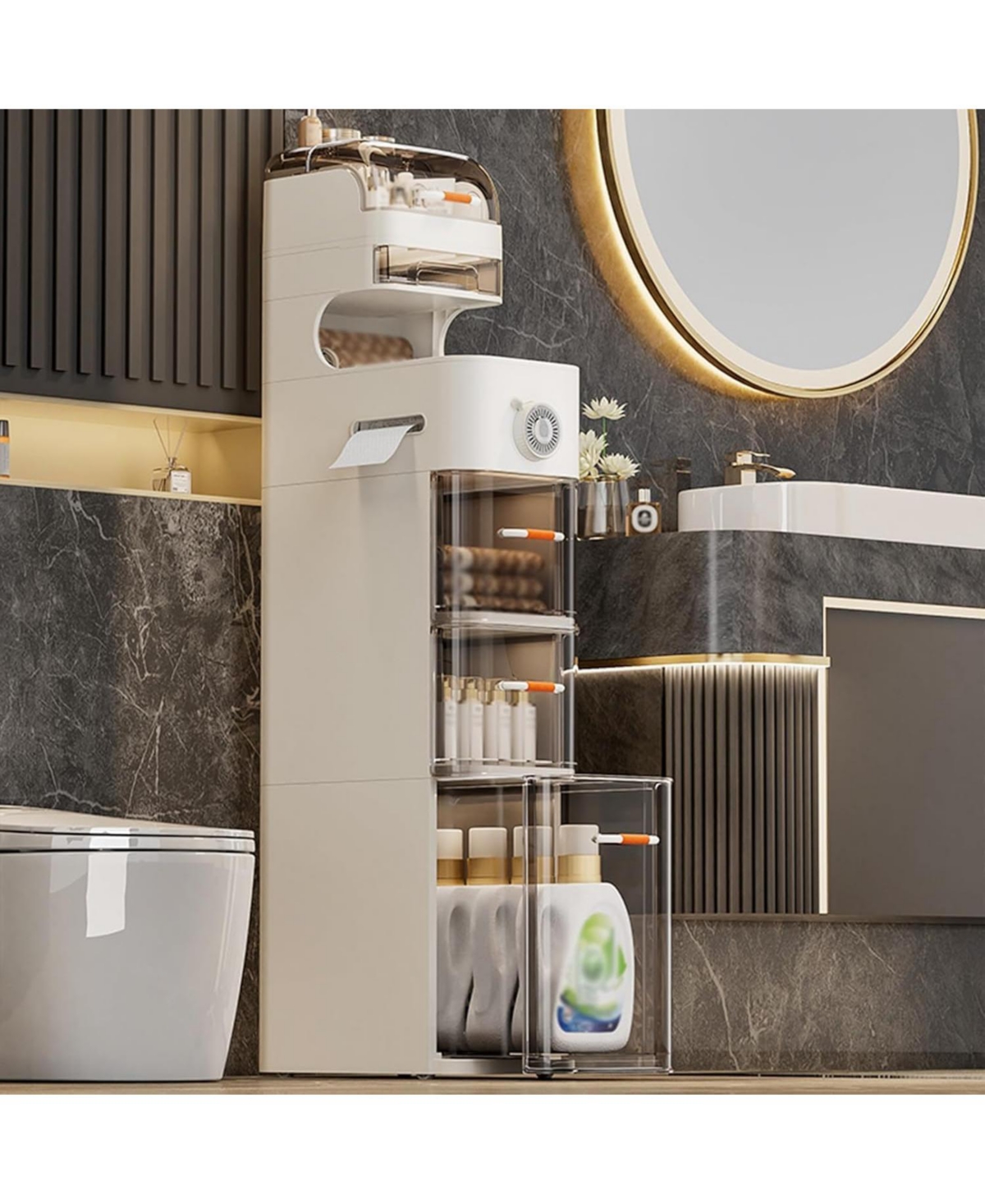 gaomon 7-Tier Waterproof Plastic Storage Cabinet,Narrow Bathroom Storage with Transparent Doors, Tissue Holder & Flip-Top Compartment, Swivel Locking