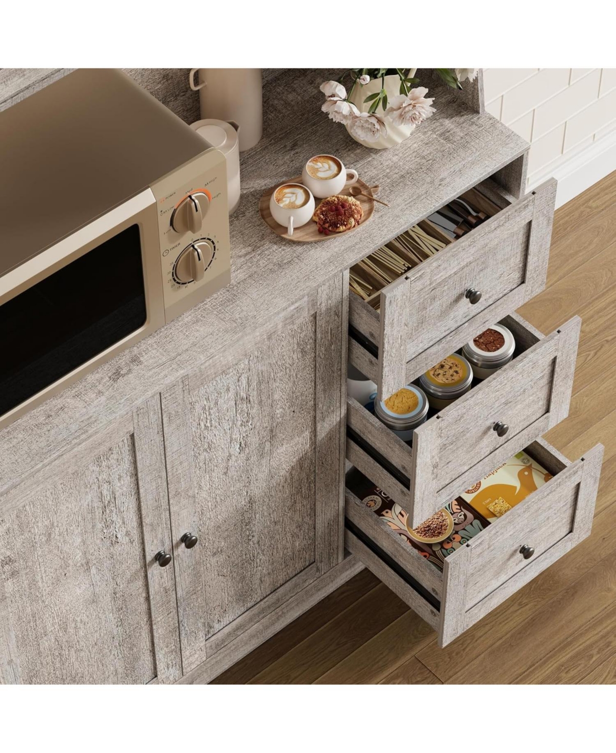 gaomon 67" Tall Kitchen Hutch Storage Cabinet, Farmhosue Coffee Bar Cabinet with 3 Drawers and Led Lights, Freestanding Food Pantry Countertop fo