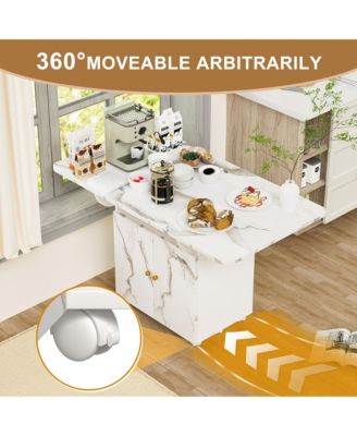 CASAINC 47" MDF, Marble Finish Folding Design, Storage Rack, Cabinet, Lockable Wheels Dining Table