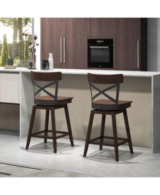 Set of 2 Wooden Swivel Bar Stools with Open X Back and Footrest