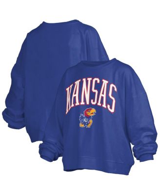 Pressbox - Women's Royal Kansas Jayhawks Janise Arch Over Logo Waist Length Oversized Pullover Sweatshirt