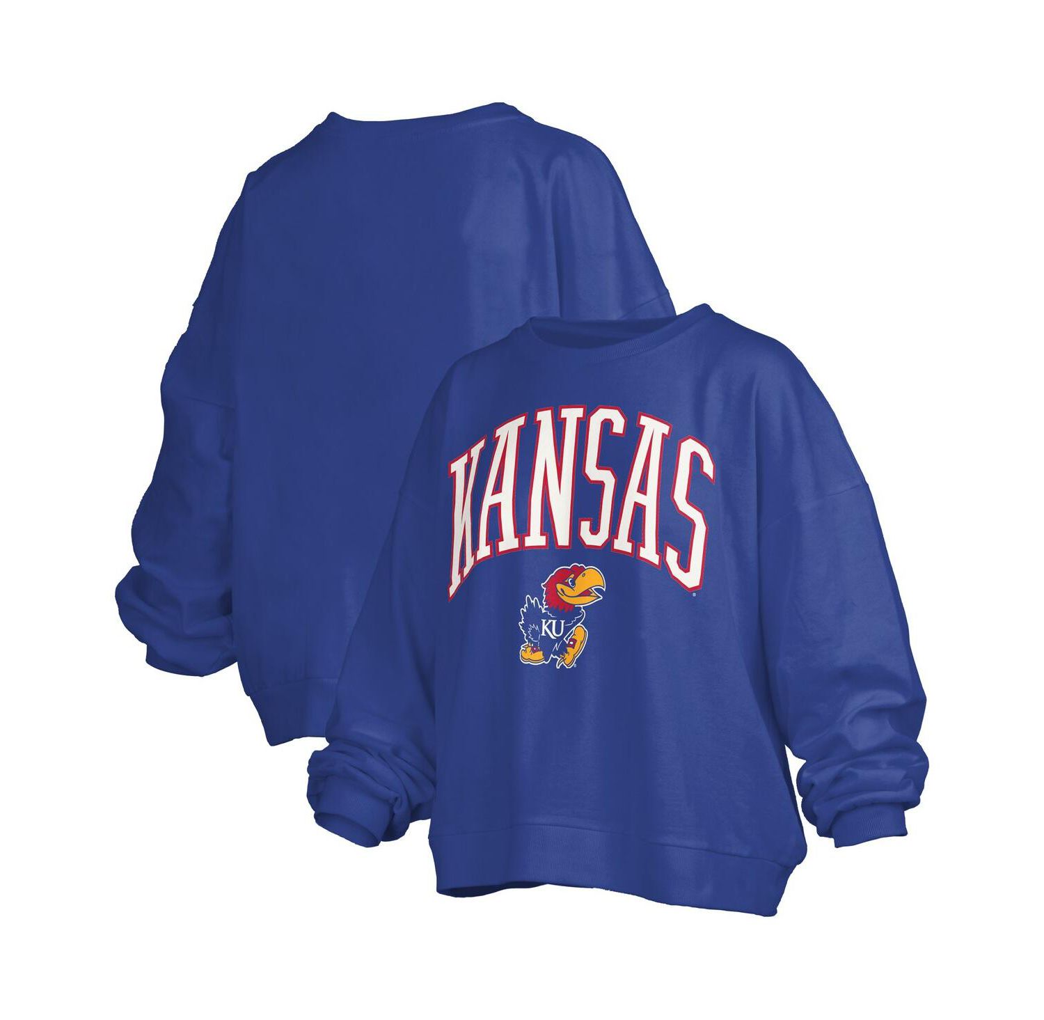 Women's Royal Kansas Jayhawks Janise Arch Over Logo Waist Length Oversized Pullover Sweatshirt