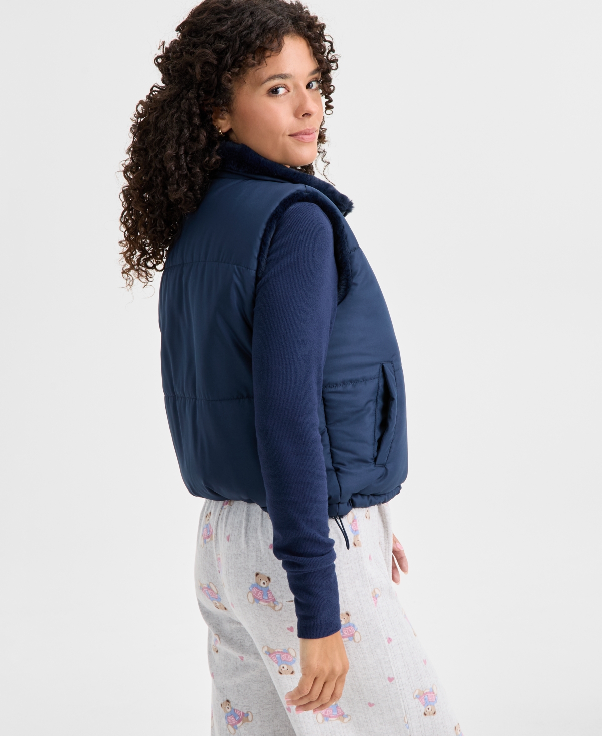 Planet Heart Planet Gold Juniors' Reversible Sherpa Puffer Vest Jacket In Blue