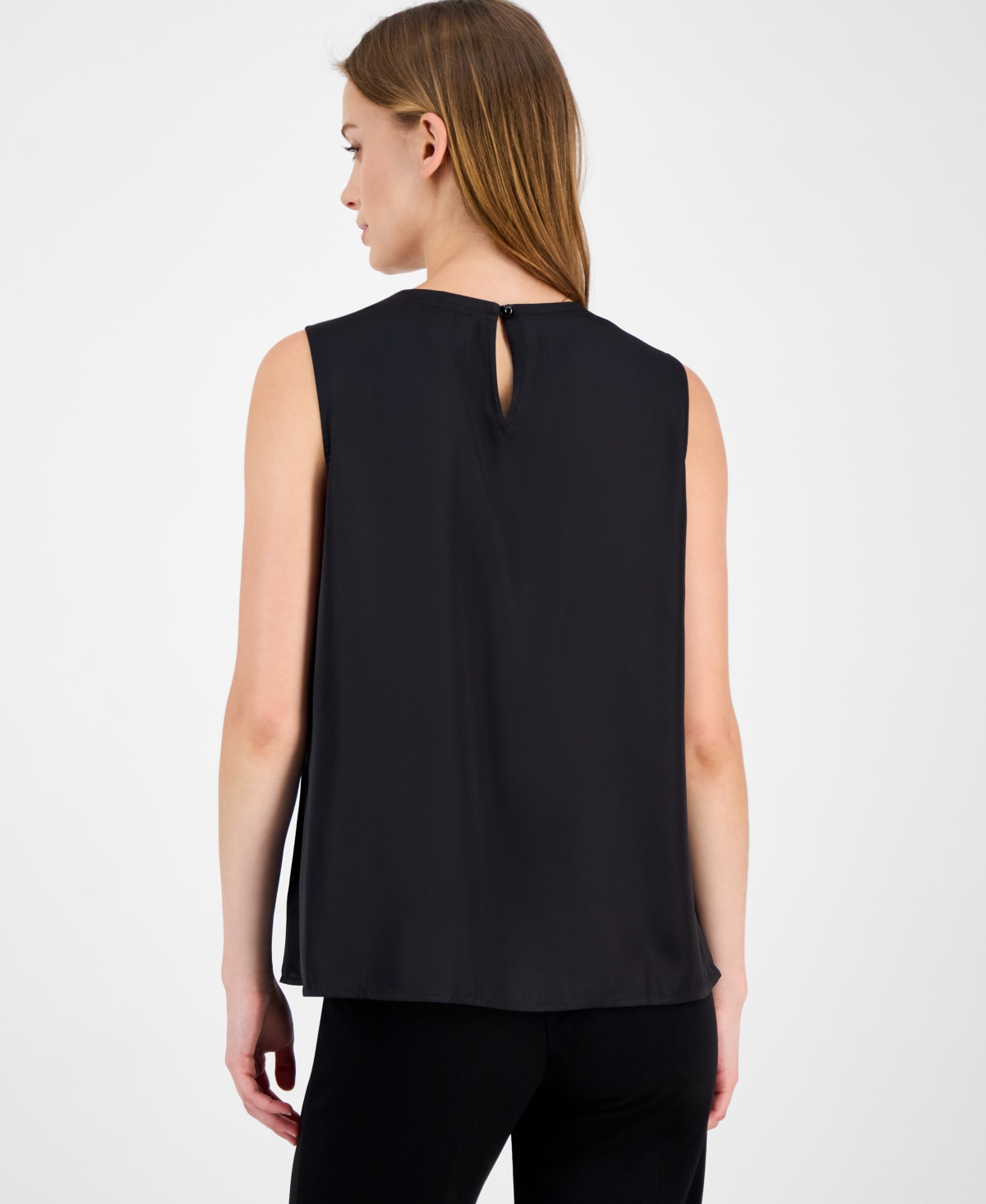 Anne Klein Pleated Jewel Neck Sleeveless Top In Black